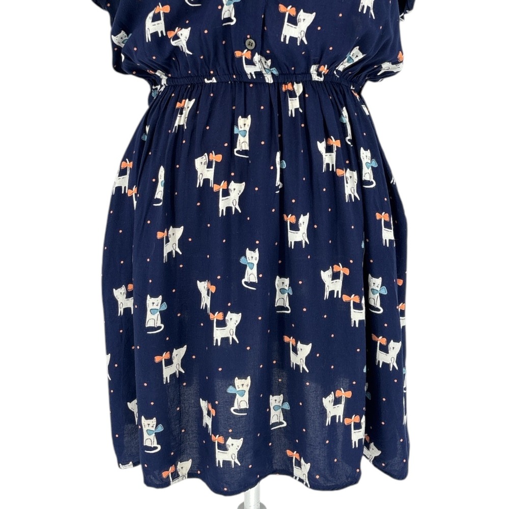 Angie Navy Blue Cat Print Dress Large Sleeveless Button Front Indie Cottage Twee - Picture 3 of 7